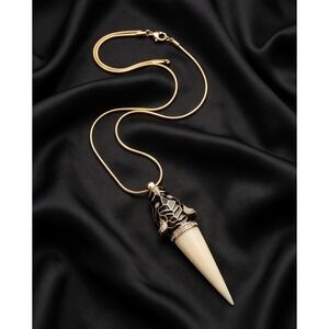 OK1984 Panther Tusk Pendant Necklace Gold Tone Black Enamel Rhinestone 1984